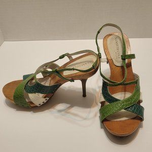 Kenneth Cole Wood Platform Stiletto Sandals, Size 6, Green, off-white, bronze